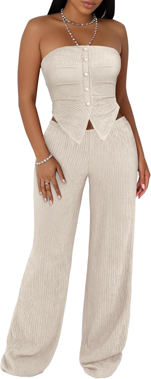 LovelyWholesale Womens 2 Piece Outfits Summer Sexy Textured Tube Top and High Waist Wide Leg Pants Matching Set