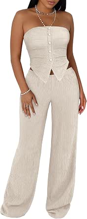 LovelyWholesale Sexy 2 Piece Outfits for Women Textured Tube Top and High Waist Wide Leg Pant Set