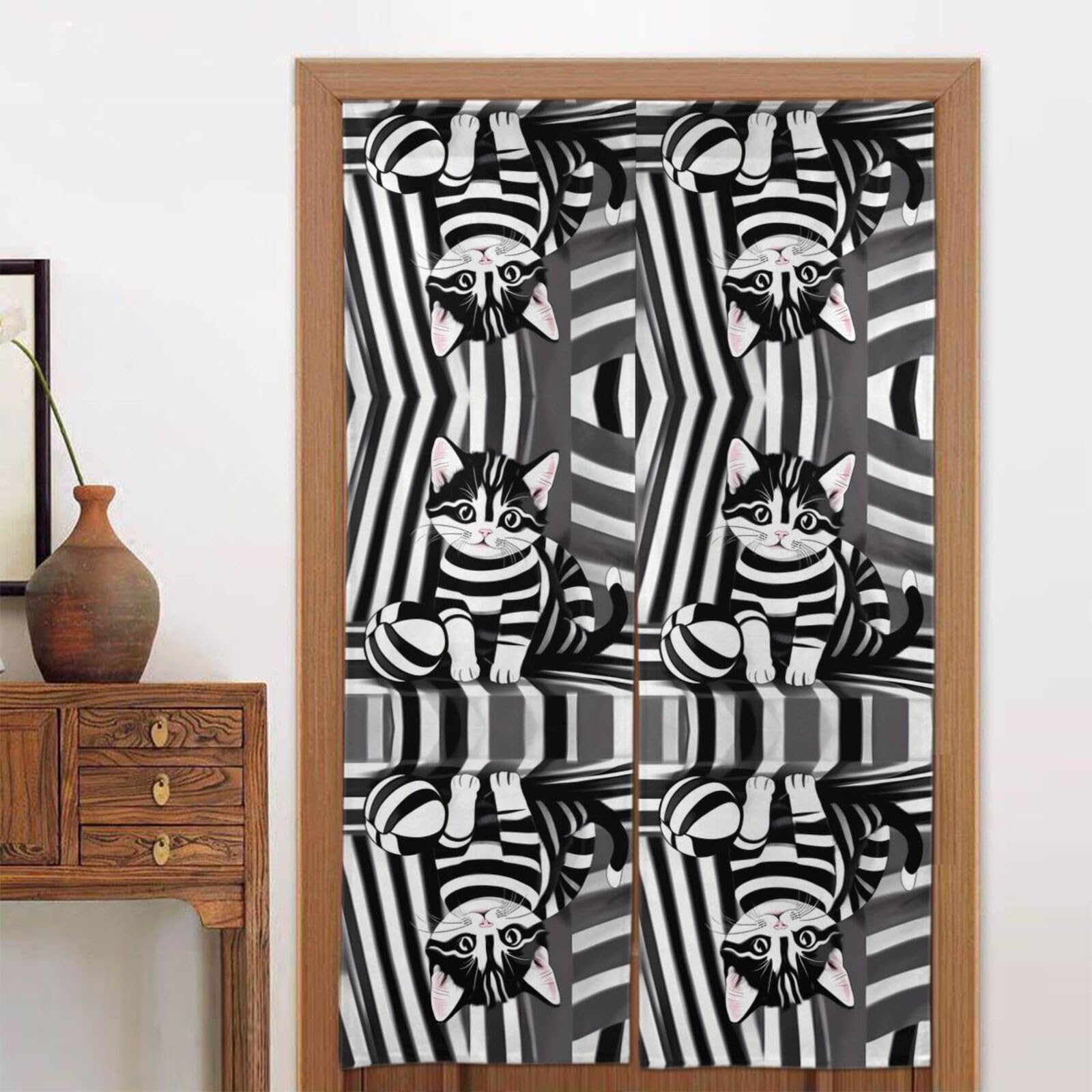 CNTDBU Black and white striped kitten Door Curtain 34x56 Inch-Room Divider Panel for Privacy, Entryway Screen for Kitchen Bedroom