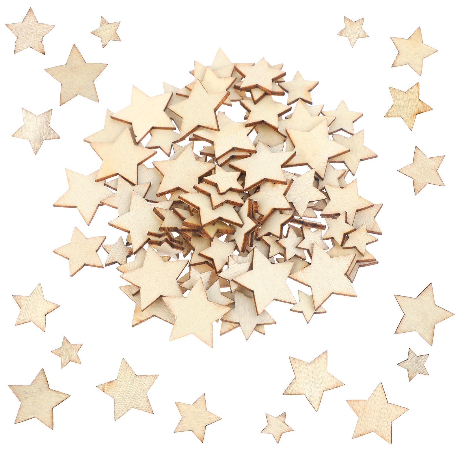 JJUNW 100 piezas de adornos de estrellas de madera sin terminar, tamaños surtidos, recortes de madera en blanco, piezas de madera sin terminar, recortes de madera natural, adornos para Navidad, bodas, fiestas, manualidades de bricolaje, estrella