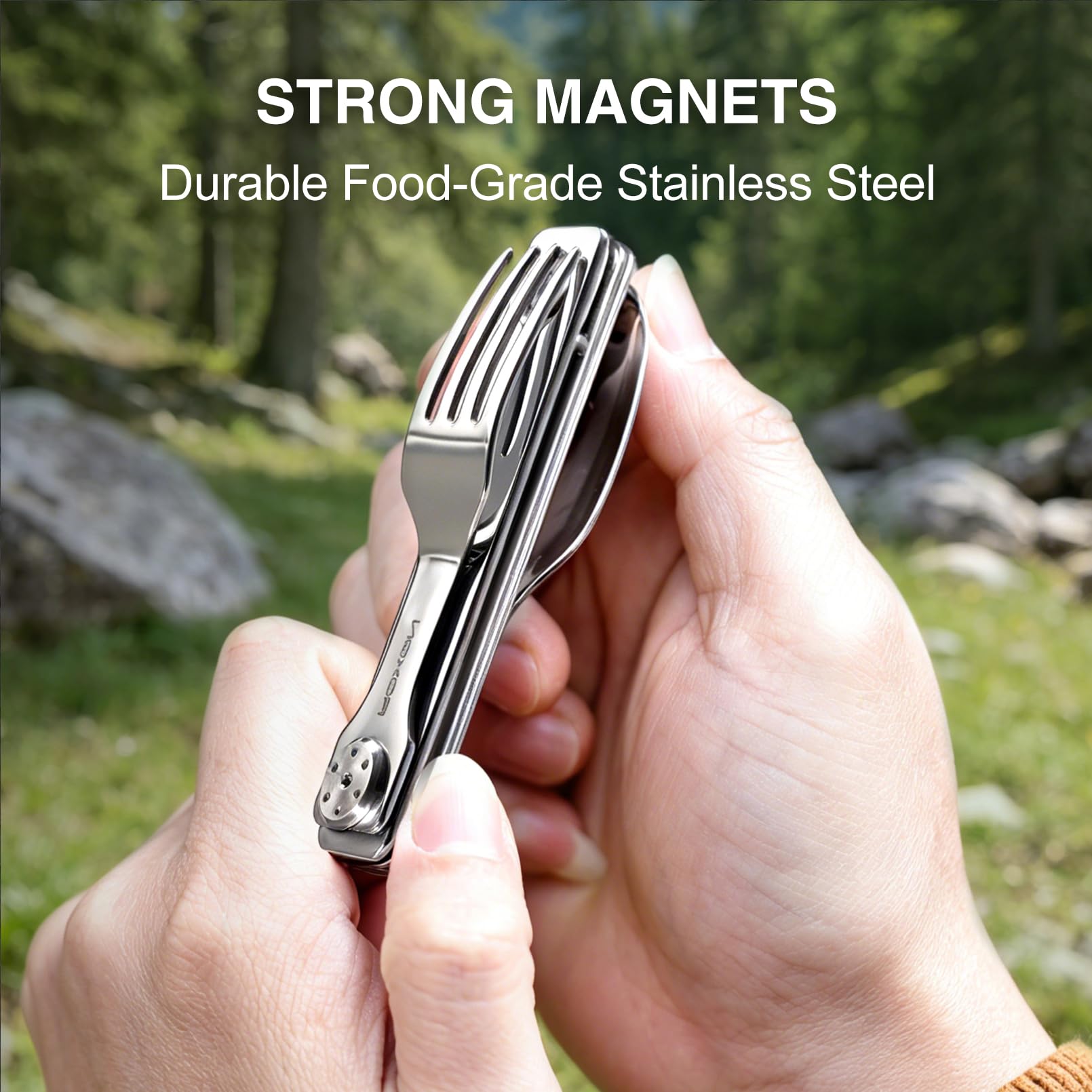 ROXON 3-in-1 C1S Magnetic Folding Stainless Steel Camping Besteck Set | Knife Spoons Fork EDC Portable Lightweight Cutlery for Hiking Backpacking Travel Lunchbox Outdoor geschirr Essentials