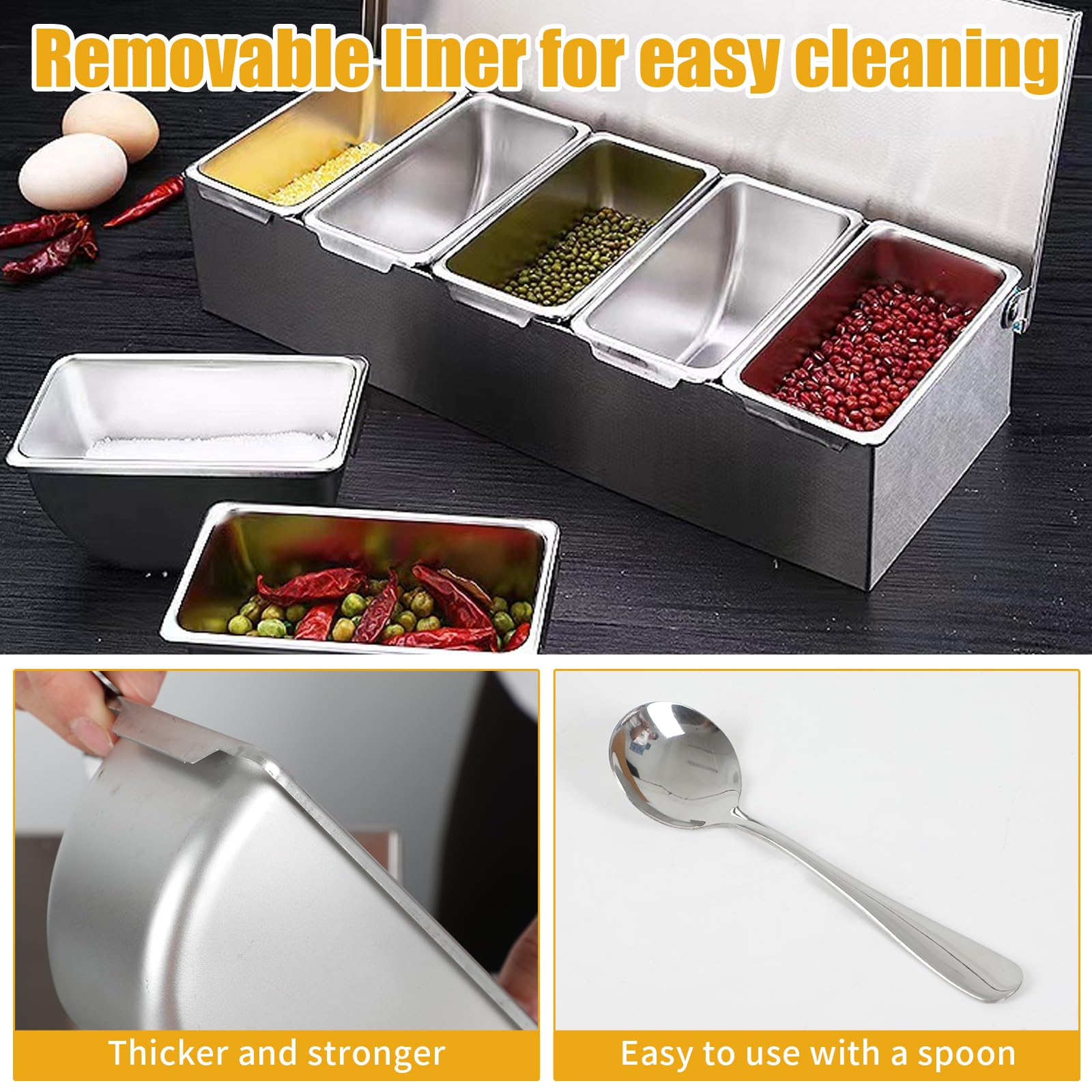 Edelstahl Zutatenbehälter Mit 6 Einsätzen – 46x15x9 Cm, Mit Deckel, Für Gewürze & Pizza-Toppings