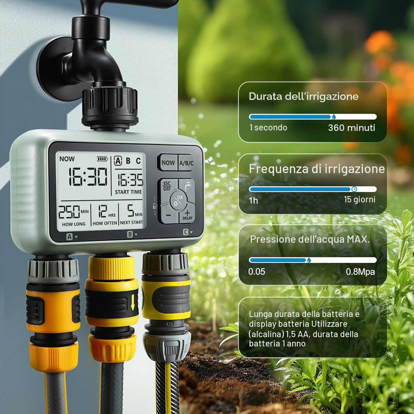 CROSOFMI 3 Vie Timer Irrigazione Automatica Digitale Centralina Irrigazione Temporizzatore Programmatore Irrigazione Giardino /IPX5 Impermeabile/Ritardo Pioggia/Modalità di Irrigazione Manuale