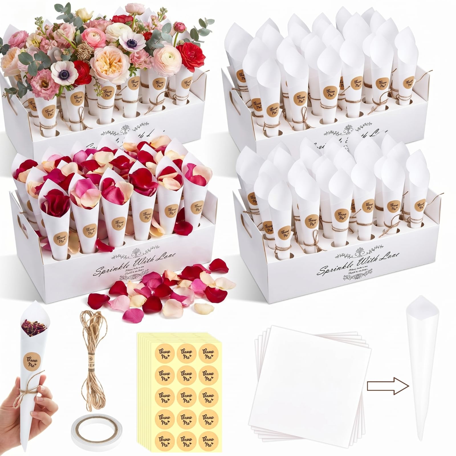 Nezyo 120 Pcs Wedding Confetti Cones with Holder Box Wedding Favors,White