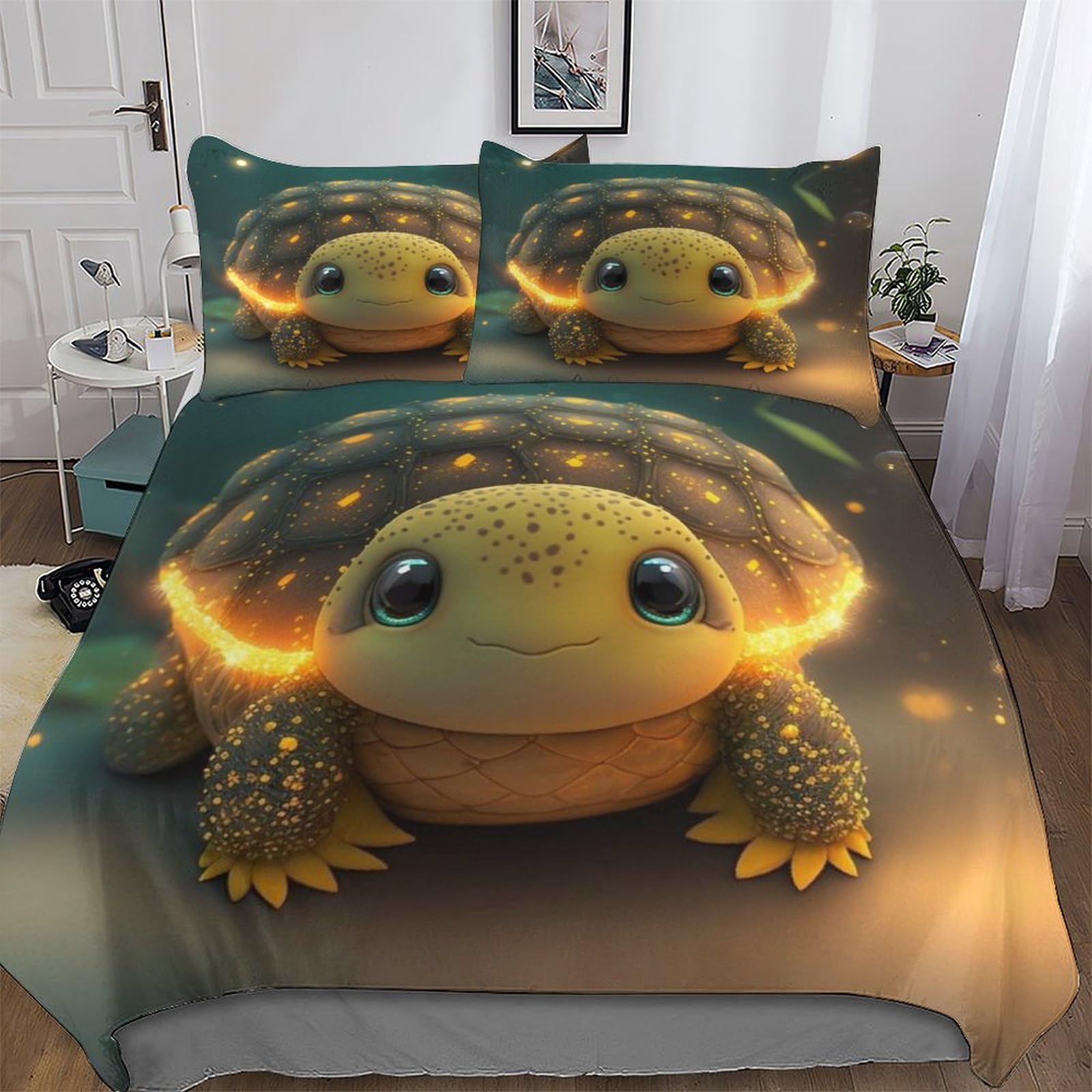Housse de couette tortue 200x200cm en microfibre et coton avec 2 taies d'oreiller