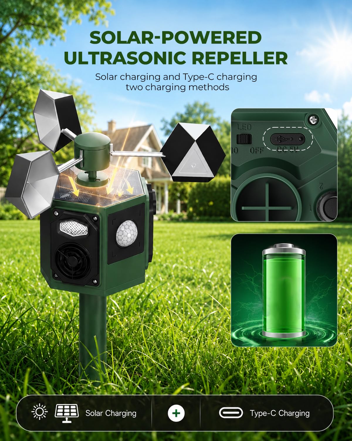 Brd Scarers, deterrente per gatti da giardino, repellente per uccelli riflettente a 360°, repellente per animali ad ultrasuoni a energia solare, impermeabile IP44, repellente per gatti e volpi