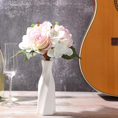 Miniatura 5 de Tigeen 12 juegos de ramos de boda para novia, dama de honor, rosas artificiales, flores de seda rosa sintética con tallos ramo floral blanco para