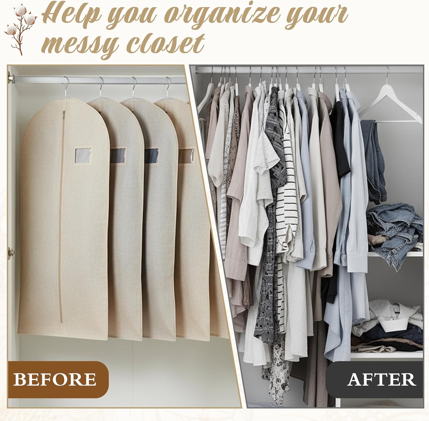 5 Pack Garment Bags for Hanging Clothes, 24 x 40 Inch Plastic Breathable Canvas Suit Bags Linen Hanging Suit Cover for Closet Storage Short Dresses Suits