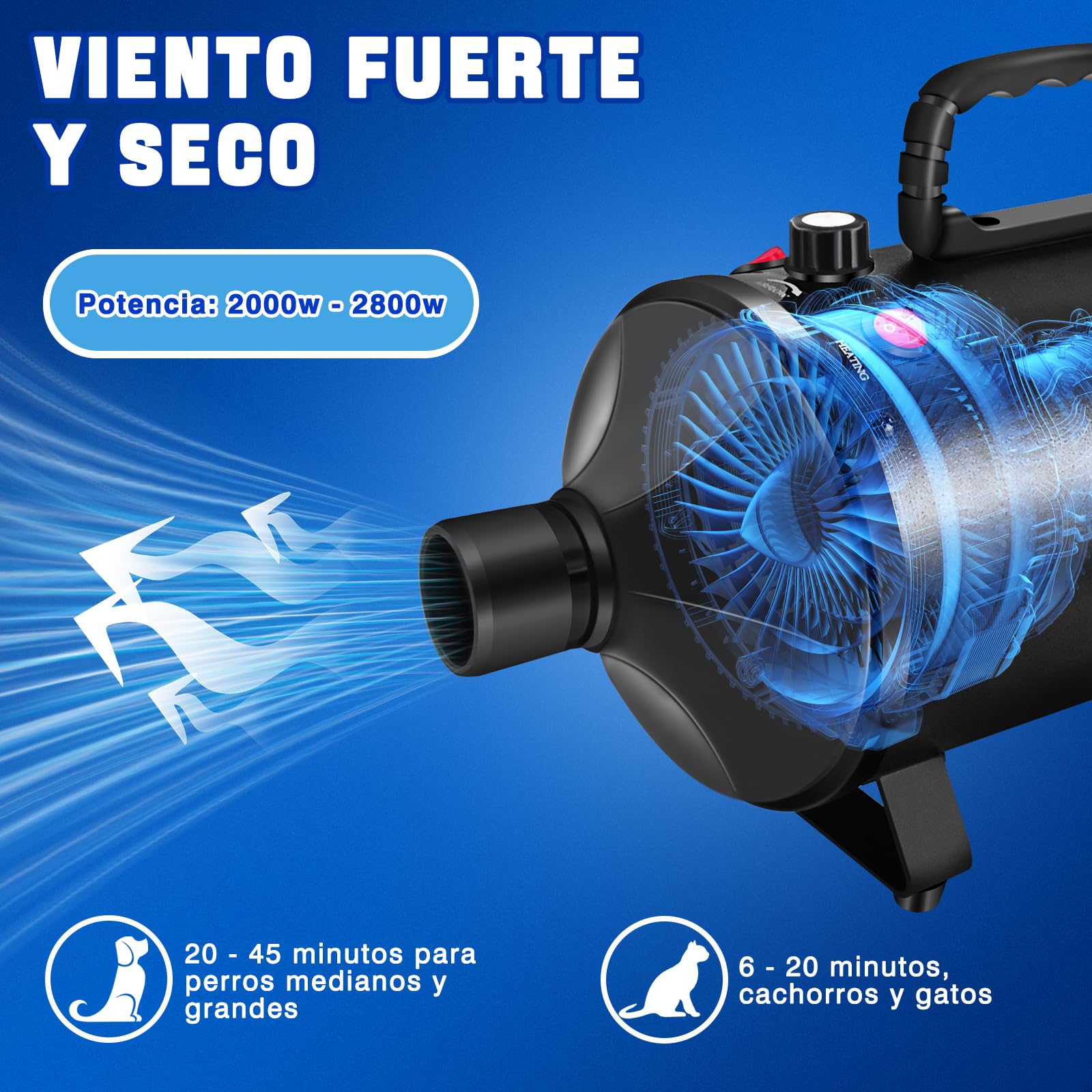 2800W Secador de pelo para mascotasSecador de pelo de bajo nivel de ruido, velocidad continua, temperatura ajustable, 2,5 m de manguera flexible con 4 boquillas