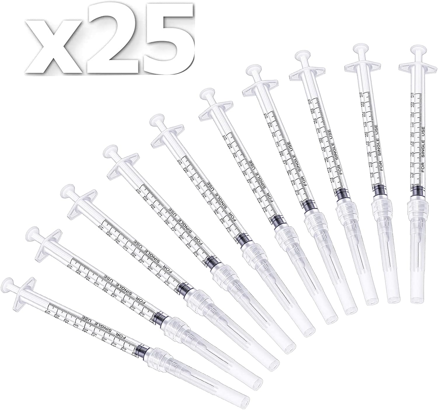 25 Pack 1ml Plastic Syringe with 27Ga 1/2 Inch Needle, Individual Package Disposable Syringes