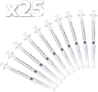 25 Pack 1ml Plastic Syringe with 27Ga 1/2 Inch Needle, Individual Package Disposable Syringes with Cap for Liquid, Glue, Measuring, Watering, Industrial, Scientific, Pet Feeding, Oil