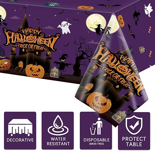 Miniatura 4 de Paquete de 3 manteles de Halloween, fundas de mesa grandes para fiesta de Halloween, murciélagos y calabazas, mantel de plástico para decoración de