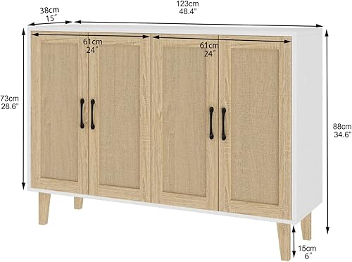 Miniatura 3 de Panana Gabinete de almacenamiento de buffet con decoración de ratán de 4 puertas, sala de estar, cocina, aparador de 48.43 x 34.65 x 15 pulgadas