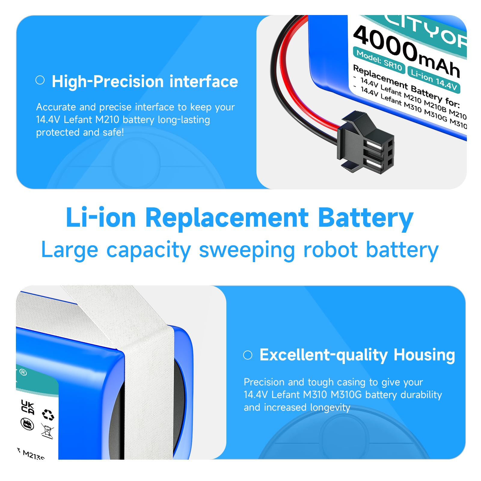 CITYORK 14,4 V/4000 mAh Batteria per OKP Life K3 K4 K5 K5P K7 K8, per 14,4V Lefant M210 M210B M210P M201, M213 M213S, per Lefant M310 M310G M310C (non compatibile con 12,8V Lefant M210/M310 Ultra)