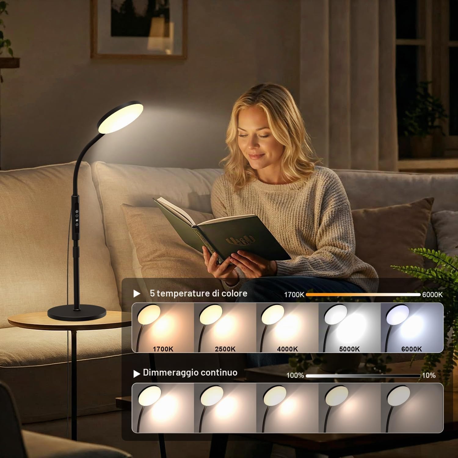 20,000 Lux Lampada da Terra - Luce LED Altezza Regolabile con 5 Colori & 10 Livelli, Timer e Base Stabile - Lampada Luce Giorno per Camera da Letto Soggiorno Ufficio
