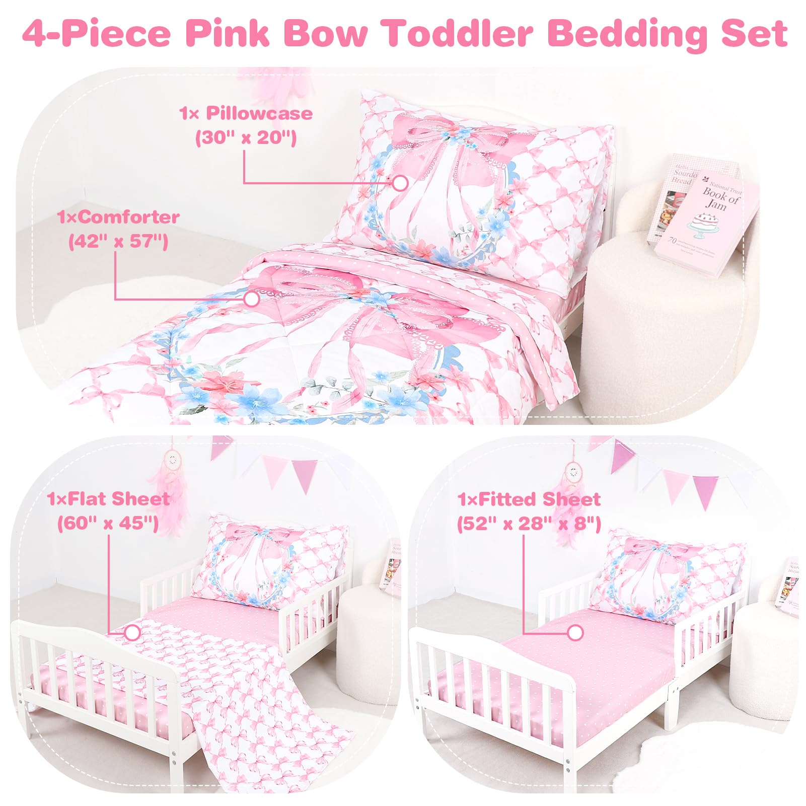Juego de ropa de cama para niñas, lazo rosa