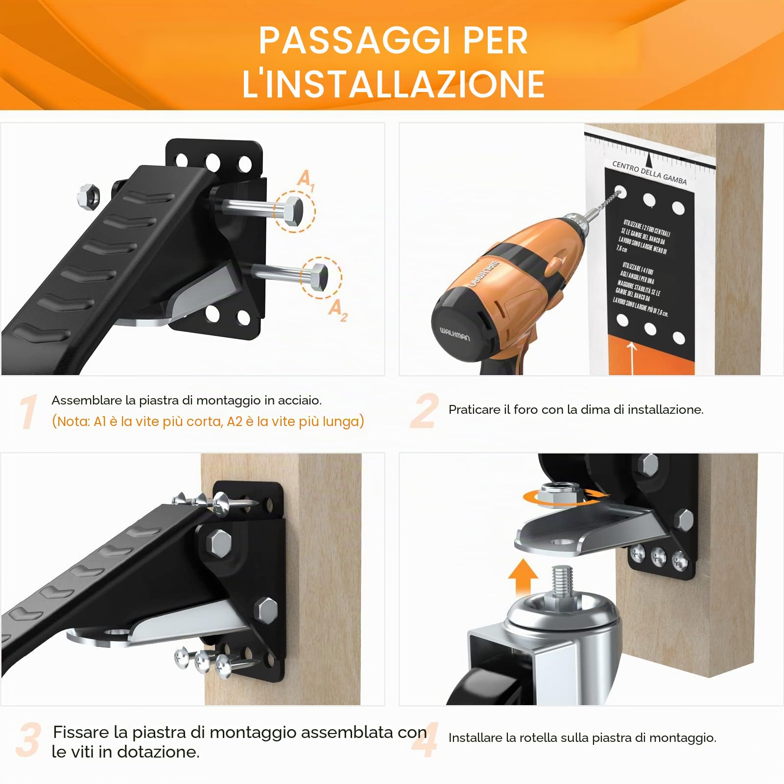 SOLEJAZZ Kit ruote per banco da lavoro 400KG Ruota per banco da lavoro retrattile per impieghi gravosi Ruote in uretano con telaio in acciaio, schema di installazione bonus, confezione da 4