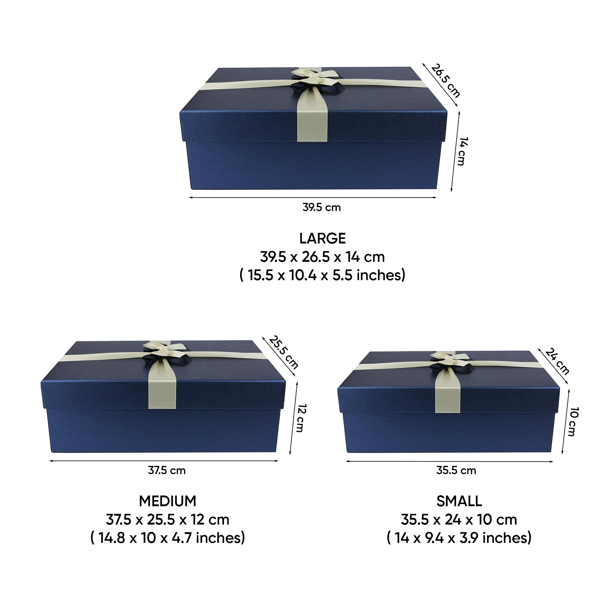 Emartbuy Set Von 3 Geschenkbox, Blaue Box Mit Deckel Und Cremefarbenes Satinband