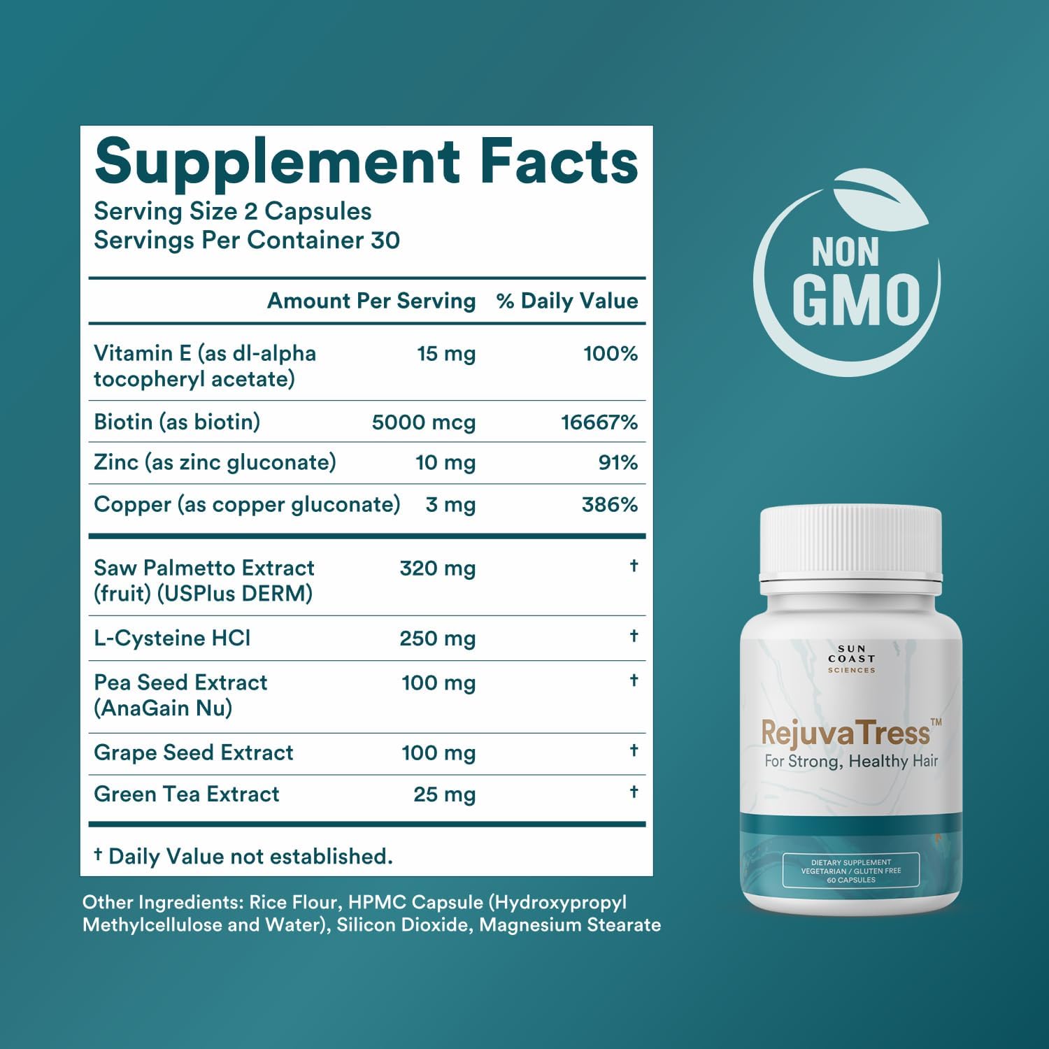 SUN COAST SCIENCES RejuvaTress from Hair Support Supplement for Women | Doctor-Formulated with Saw Palmetto, Biotin & AnaGain Nu | Supports Thicker, Stronger, Healthier Hair | 60 Capsules