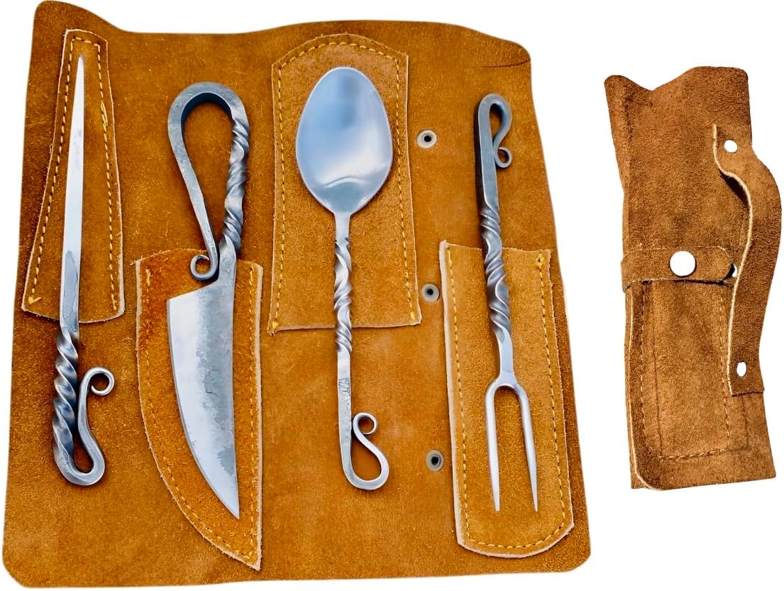 Hand Forged Viking Cutlery Set Knife Knives Black Silverware Set With Leather Cover- Medieval 4 Pcs Kitchen Utensils Set, Viking Cutlery Set Knife Spoons And Forks Set- Dinnerware Sets