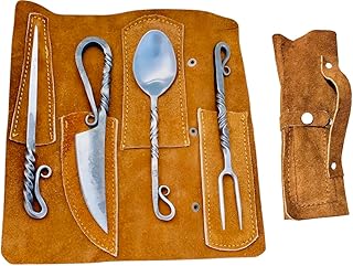Hand Forged Viking Cutlery Set Knife Knives Black Silverware Set With Leather Cover- Medieval 4 Pcs Kitchen Utensils Set, Viking Cutlery Set Knife Spoons And Forks Set- Dinnerware Sets