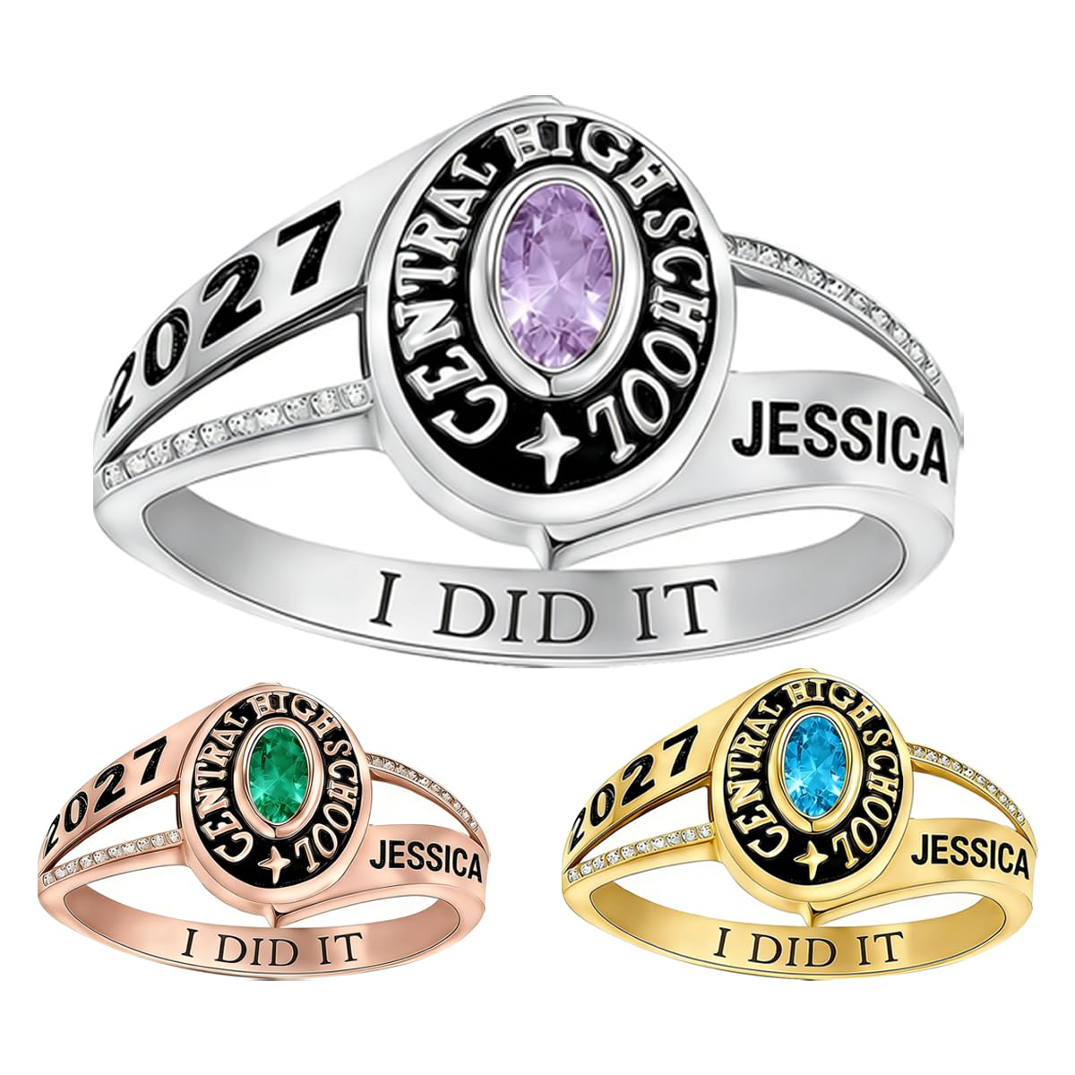 Personalized 10kt White Gold Class Ring with Cubic Zirconia Birthstone Women's Graduation Customizable Women's Class Ring High School & College Sizes 5-15 Oval Gemstone - Silver