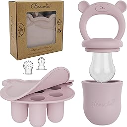 Grignoteur Bébé & 3 Tétines avec Moule à glace - Sucette Rose en Silicone avec Anneau de dentition, Grignoteur pour fruits & légumes, Bac à glaçons avec couvercle