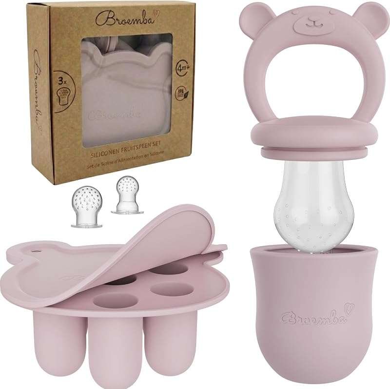 Grignoteur Bébé & 3 Tétines avec Moule à glace - Sucette Rose en Silicone avec Anneau de dentition, Grignoteur pour fruits & légumes, Bac à glaçons avec couvercle