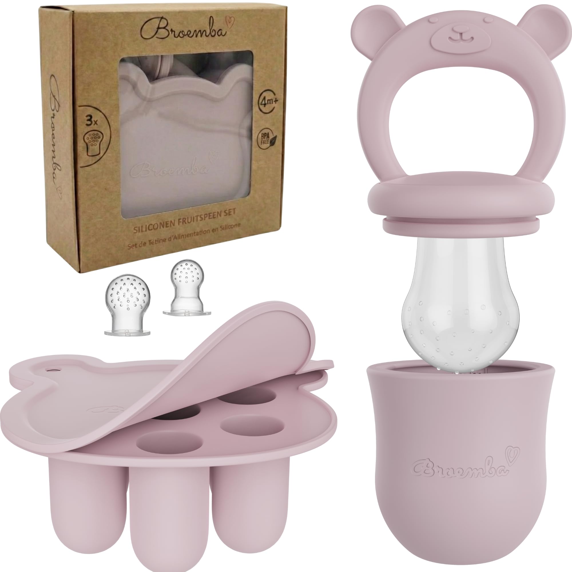 Grignoteur Bébé & 3 Tétines avec Moule à glace - Sucette Rose en Silicone avec Anneau de dentition, Grignoteur pour fruits & légumes, Bac à glaçons avec couvercle