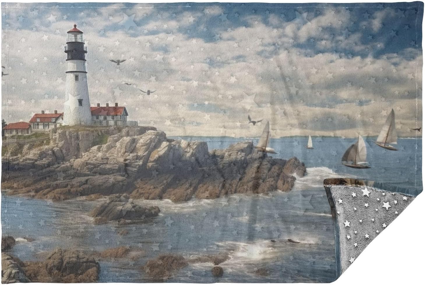 Seacoast Lighthouse Travel Blanket Glowing in The Dark, Soft 2 in 1 Airplane Blanket 65" x 55", Foldable as Pillow, Luggage Sleeve & Backpack Clip