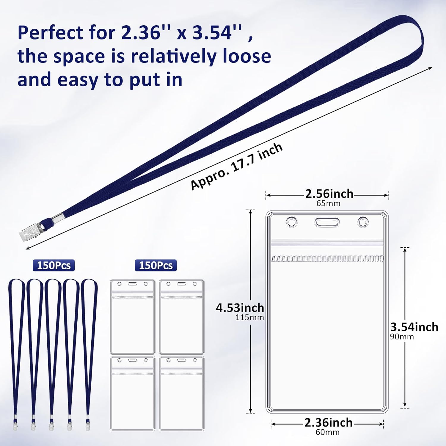 Marspark 300 Pcs Name Tag Lanyards with ID Holder Lanyards for ID Badges Resealable Flat Neck Name Tag with Clip Waterproof Plastic Clear Badges Bulk for School Office Supplies (Dark Blue)