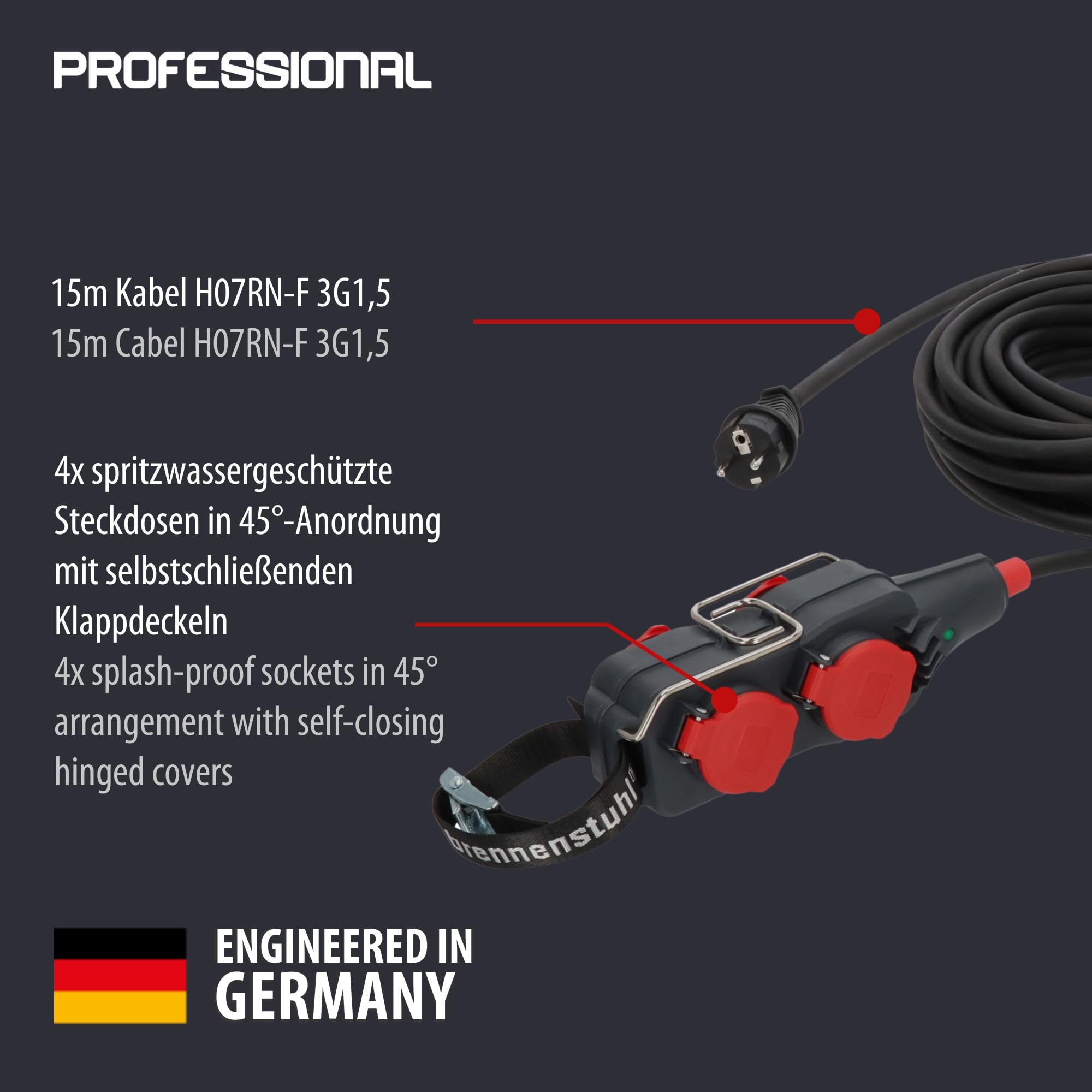 Brennenstuhl Professional Powerblock mit Verlängerungsleitung 4-Fach, 15m | Verteilersteckdose für den Baustelleneinsatz und ständiger Einsatz im Freien, IP54, Steckdosen in 45°-Anordnung