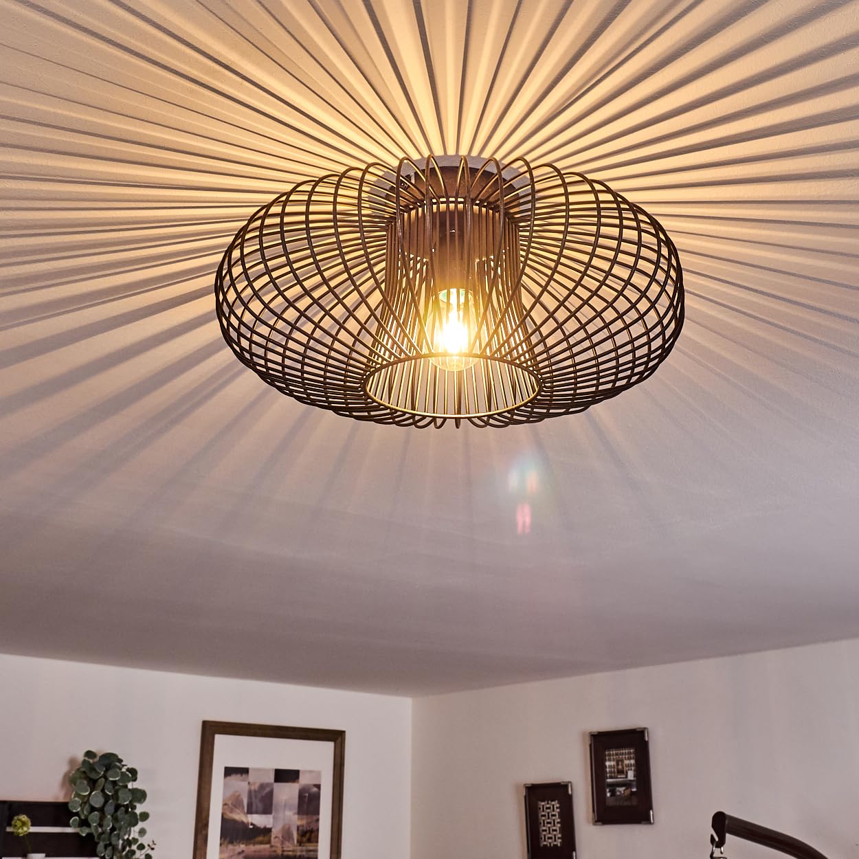 hofstein Ceiling lamp Wemude, Round Metal Ceiling lamp in Black/Gold, 1-Flame, E27 Socket, Retro Light with Lattice Effect,Without Bulbs