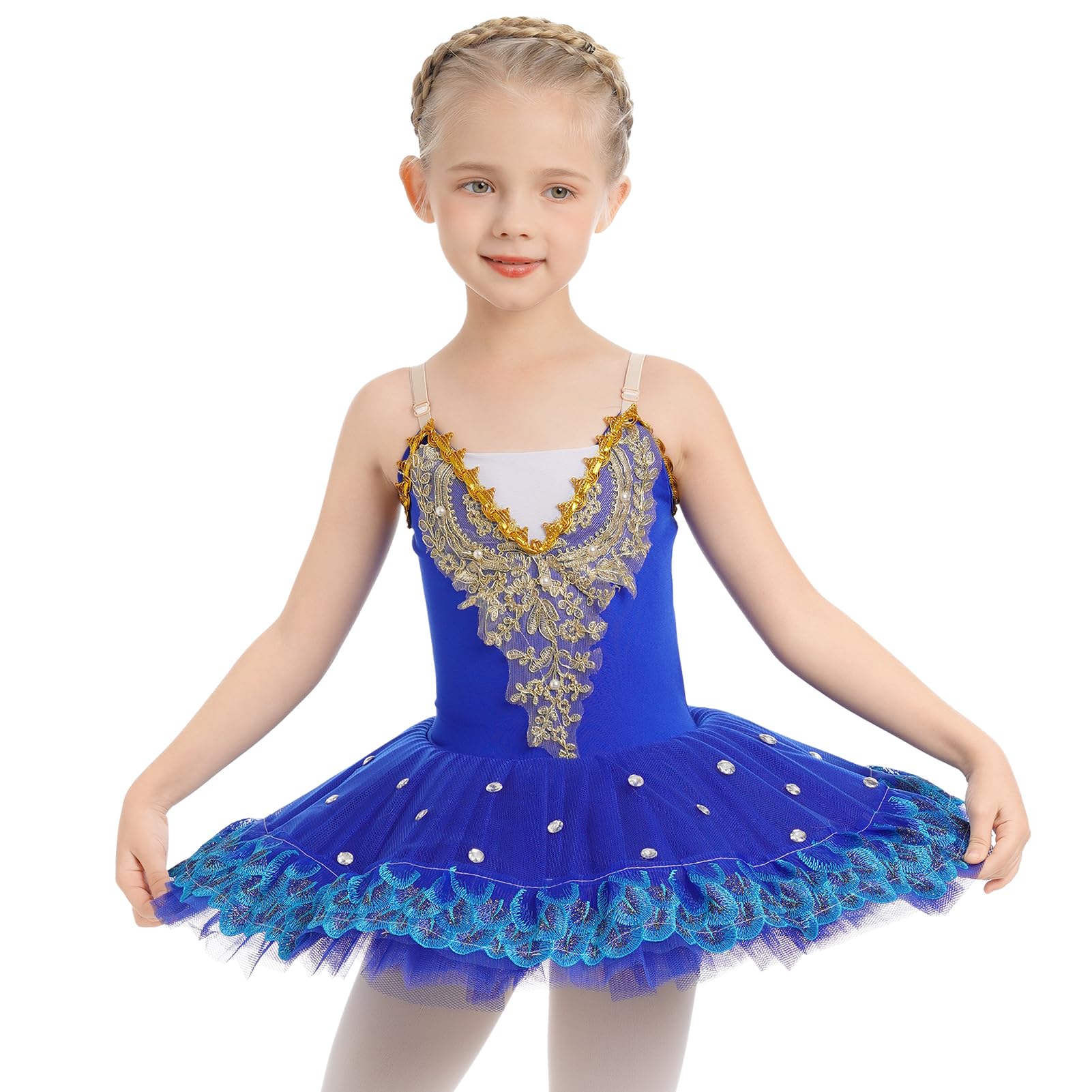 IBTOM CASTLE Fille sans Manches Robe Ballet Brodée de Plumes Justaucorps Gymnastique Patinage Ballet Tutu Costume de Danse Enfant Ballerina 4-14 Ans