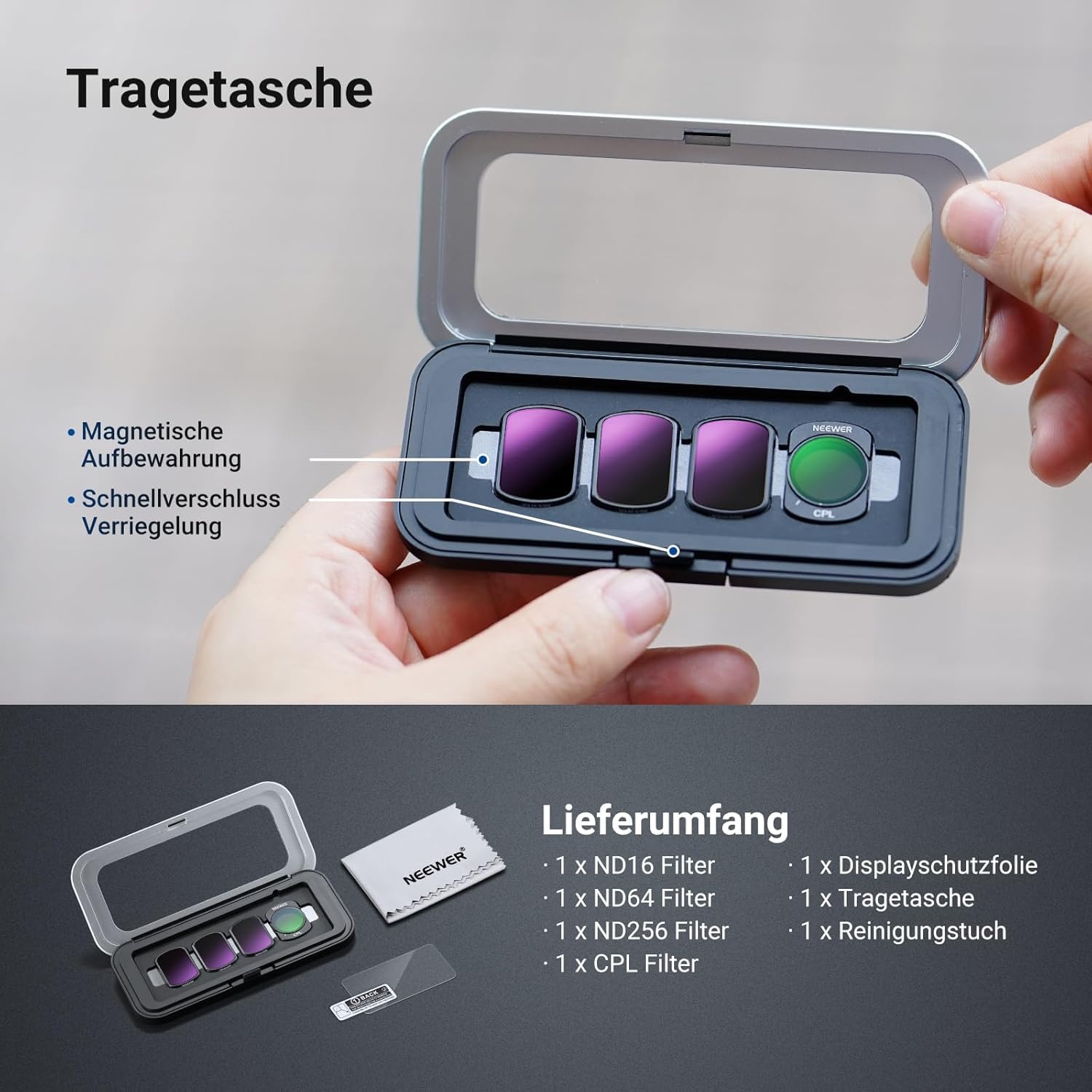NEEWER Magnetisches ND und CPL Filterset, kompatibel mit DJI Osmo Pocket 3 / Pocket 4 / Xtra Muse, ND16 + ND64 + ND256 Set mit ND und Zirkularpolarisationsfiltern für Actionkameras
