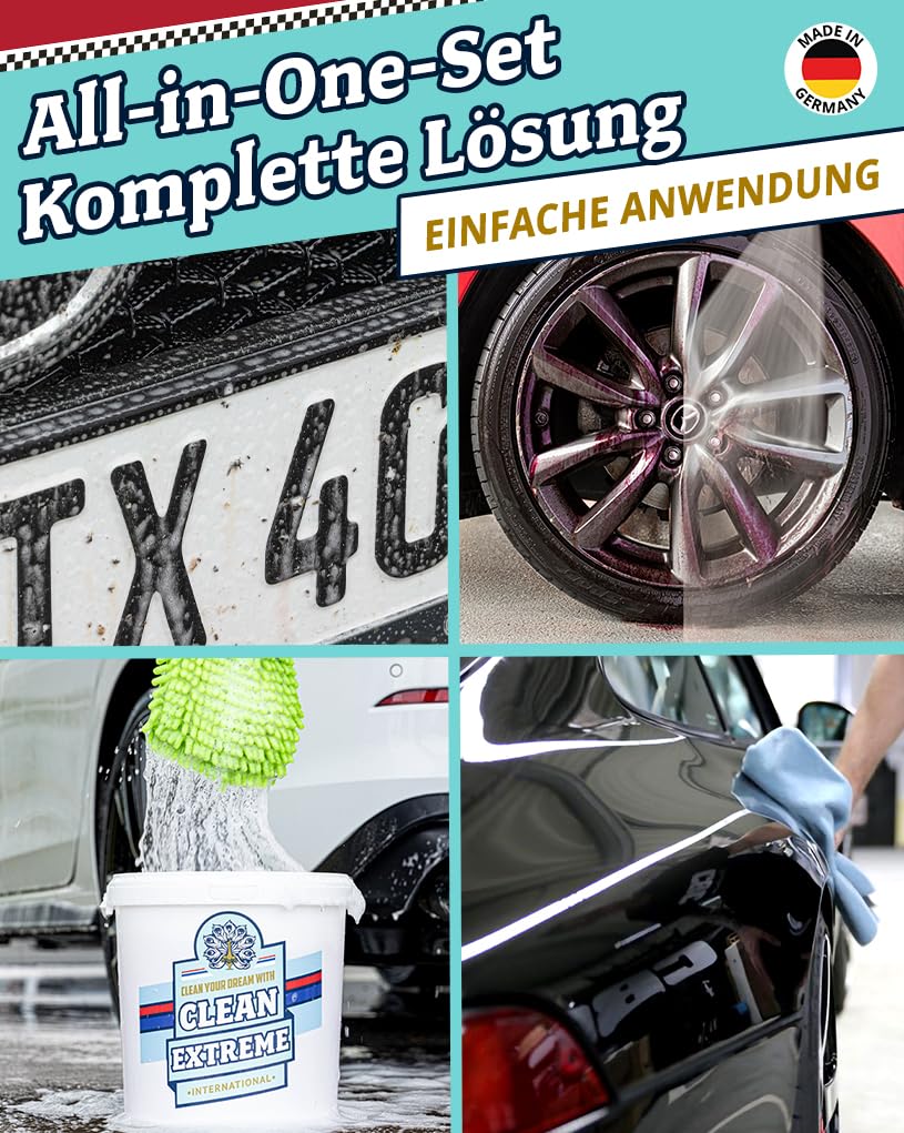 Autopflege Set Base 6-teilig mit 10L Wascheimer & Deckel | Premium Autowäsche Set für Glanzlack & Glanzfolie - Inkl. Autoshampoo, Felgenreiniger, Insektenentferner & Detailer