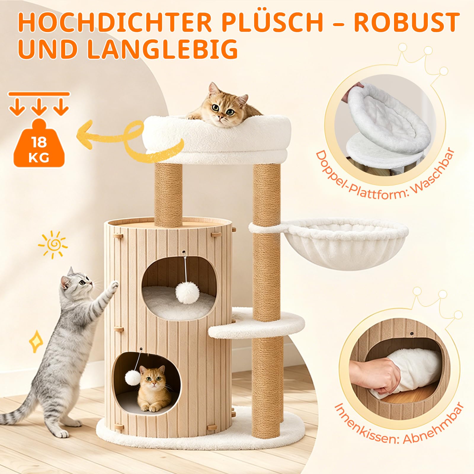 Premium kratzbaum mit 2er Kratztonne, Katzenbaum＆Große Plattformen | Sisalstämme, Kratzrampe, Katzenhaus, Plüschbälle und Katzenbürste für große Katzen