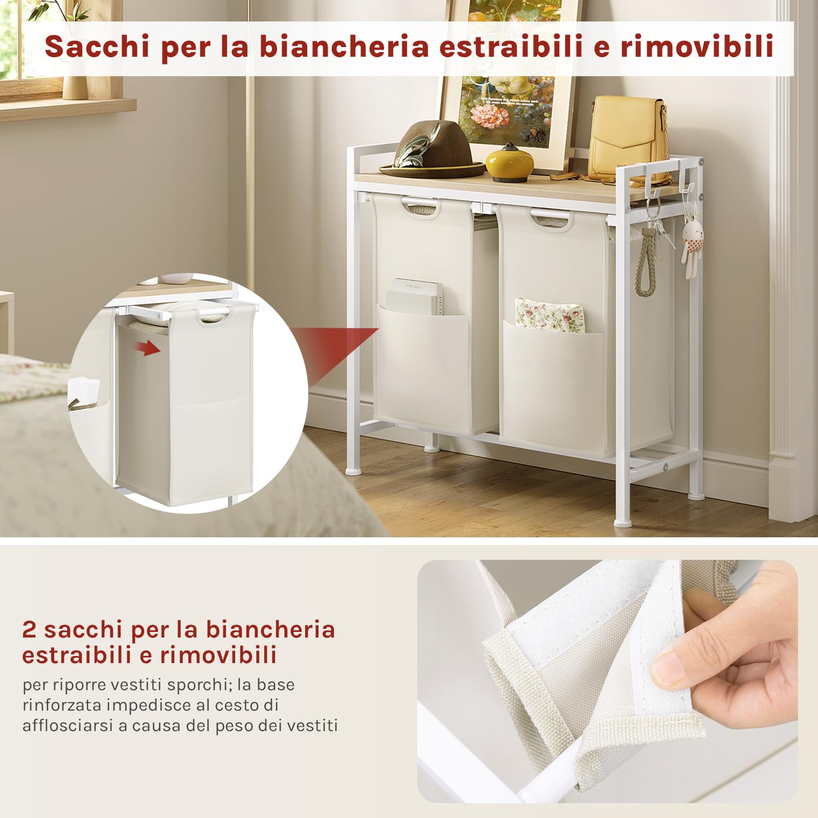 WOLTU Cesta Biancheria a 2 Scomparti, Cestino Biancheria Sporca con Struttura in Metallo, Sacco per Bucato Rimovibile in Tessuto Oxford, Capacità 40L per Cesto, Bianco