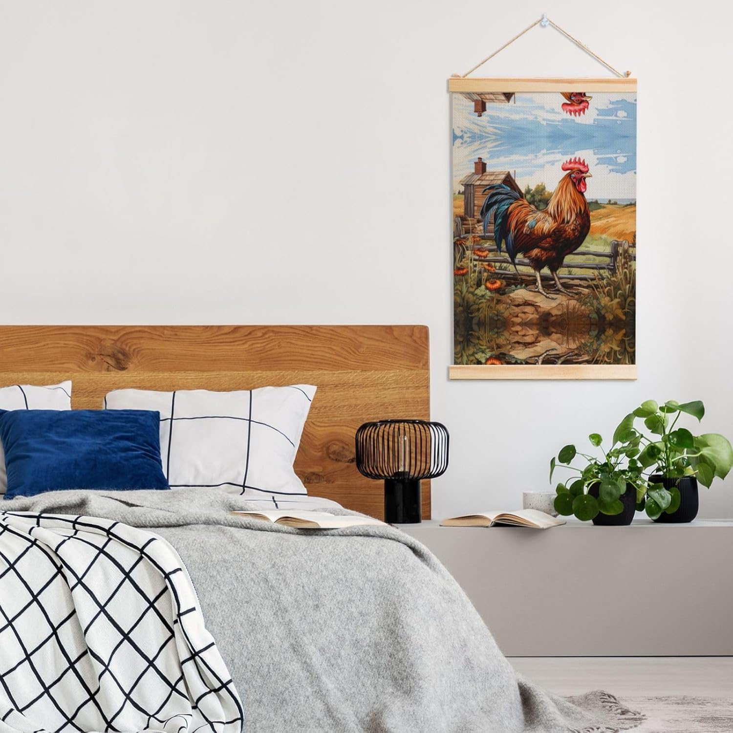 Rooster On Wood In Farmland Print Poster Hanger,Hanging Poster, Poster Frame,Wood Poster Hanger, For Wall Hanging