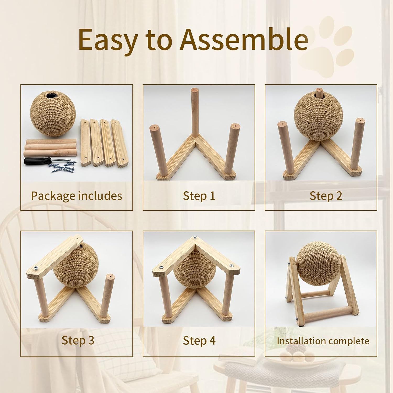 Rabbit Scratch Toy - Bunny Toys for Rabbits Scratcher, Natural Sisal Pet Claw Scratching Activity Ball, Wooden Small Animals Boredom Breaker for Indoor Ferrets Chinchillas (Large)