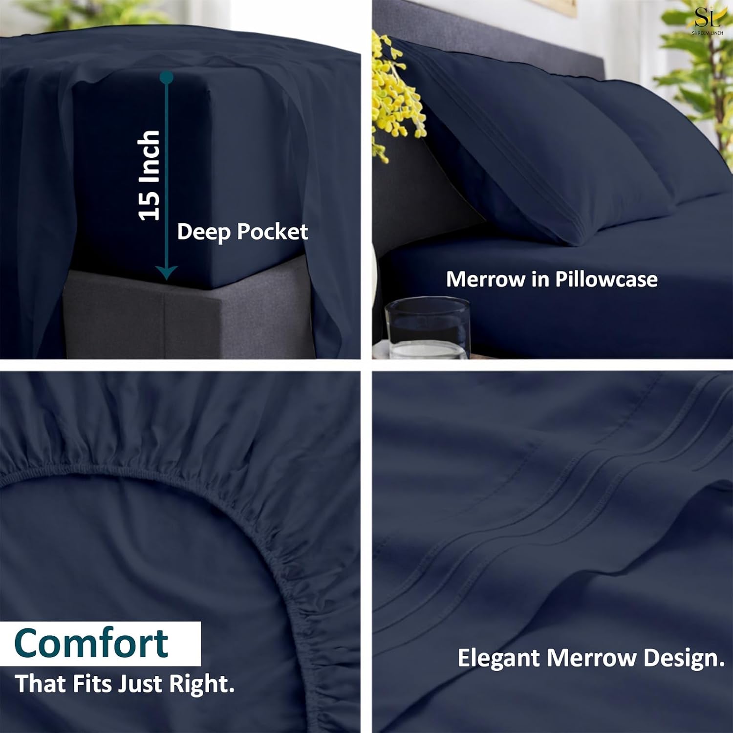 Shreem Linen California King 4 Piece Sheet Set, 1800 Ultra Soft Hotel Luxury Bedding, Breathable and Cooling, Deep Pockets Fit 8-16 Inch Mattress, Navy Blue