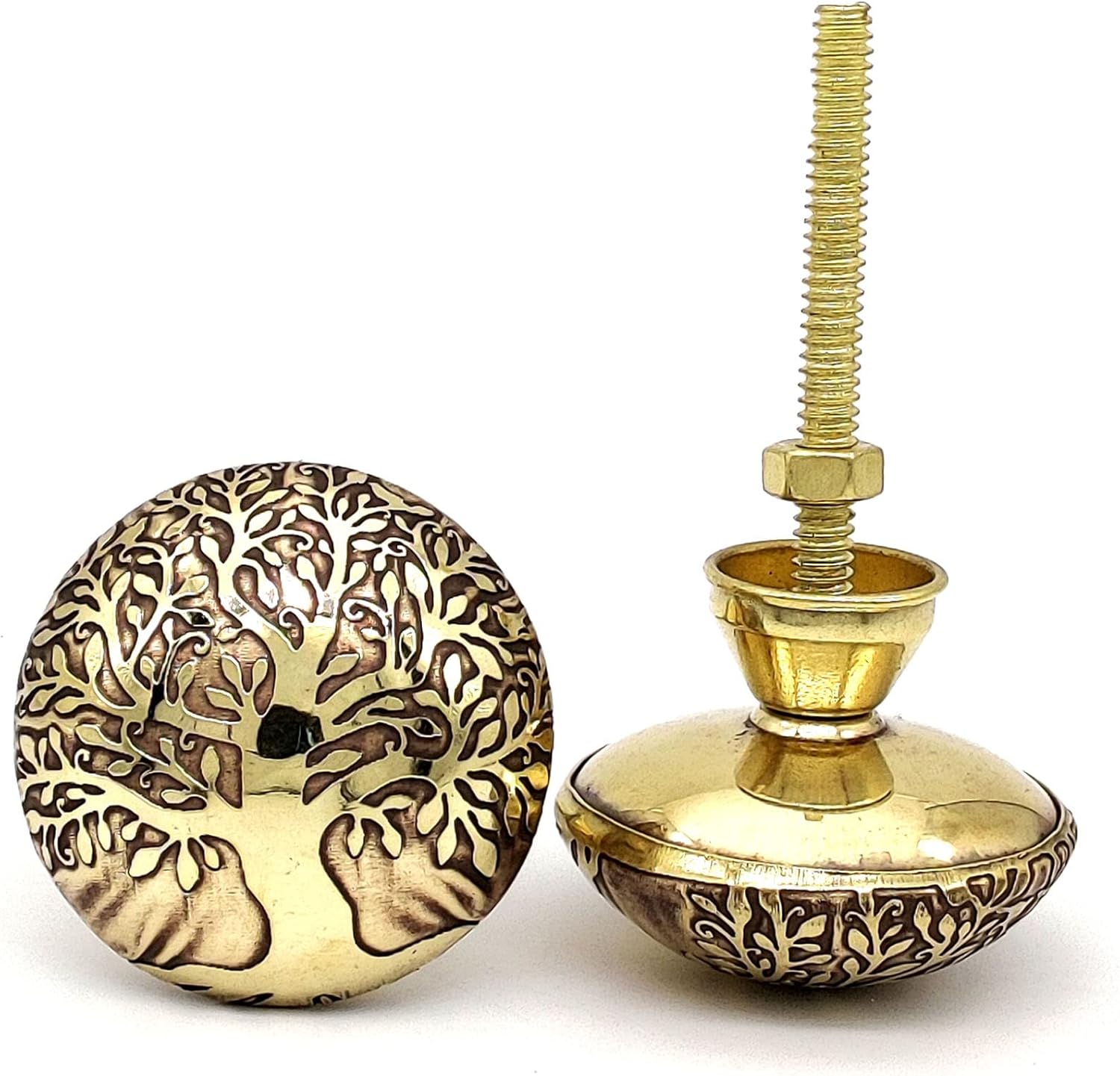 Set of 2 Tree Of Life Cabinet Knobs with Antique finish | Brass Pulls with Reversible Metal Backplate | Handmade Furniture Hardware Handles for Door, Drawer, Dresser or Kitchen Cabinetry (2)