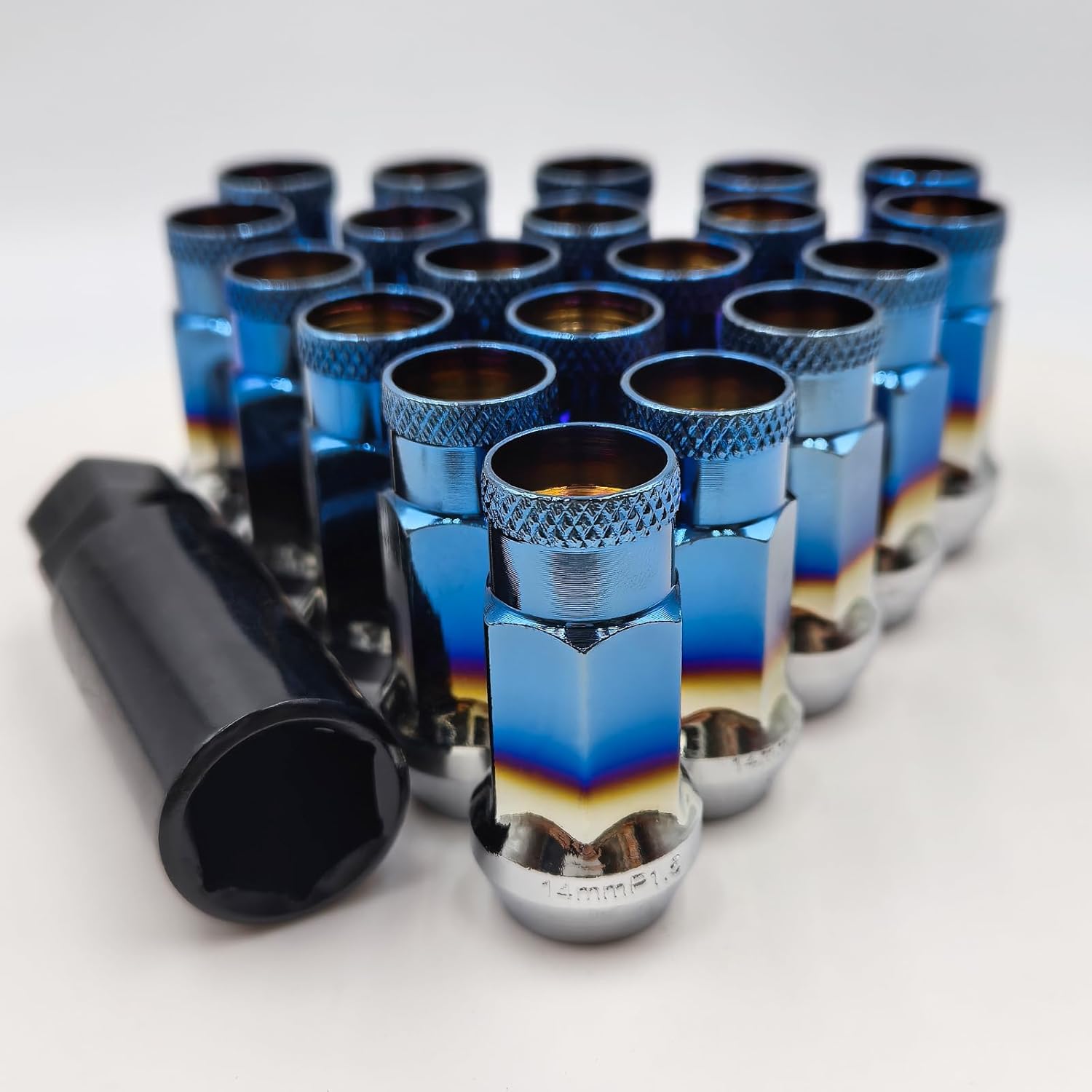 20pcs Burnt Blue Cold Forged Steel 14mm*1.5 Lug Nuts Extended Tuner Wheel Nuts Modified Nuts Open End Compatible with Various Types of Vehicles.with Socket Key.