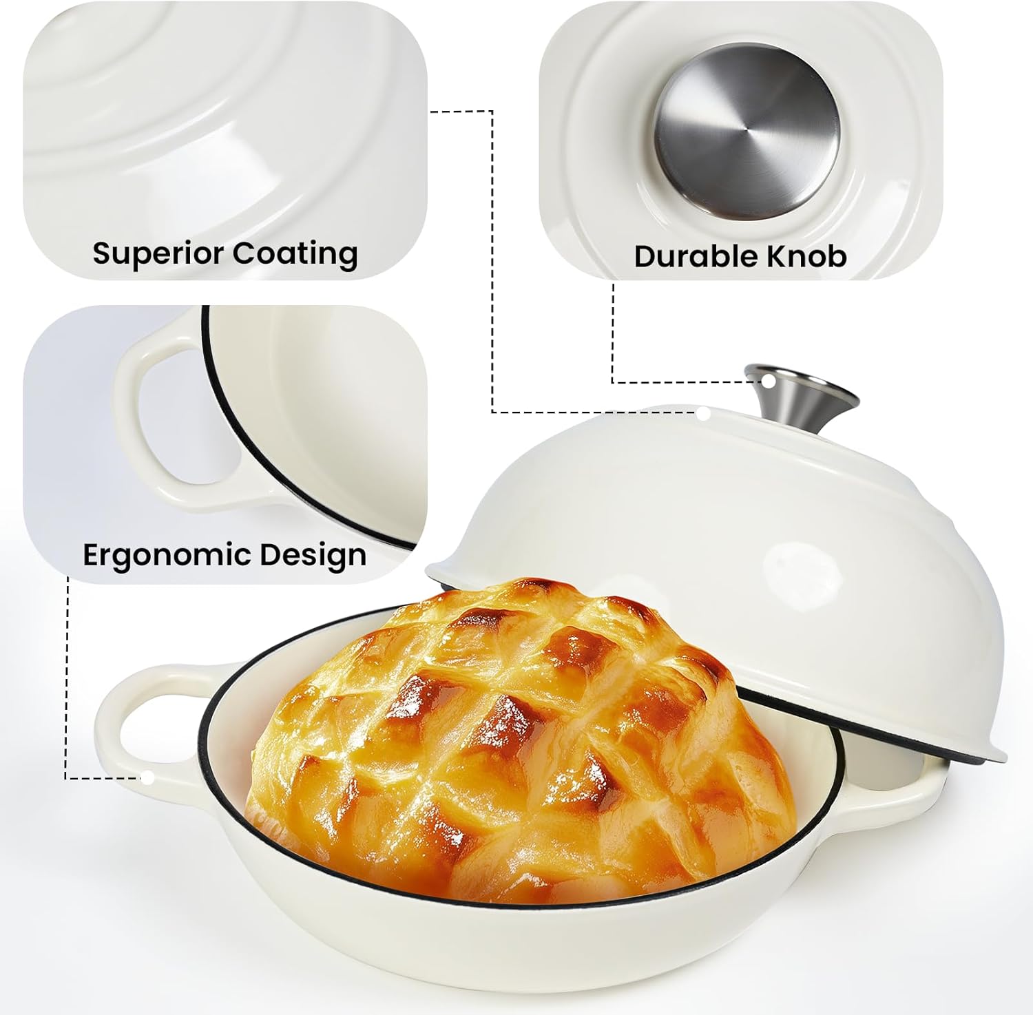Dutch Oven for Bread Baking, Bread Oven, Enameled Cast Iron Dutch Oven, Bread Pot with Dome Lid, Oven Safe up to 500°F, 6 Quart, White - Image 5