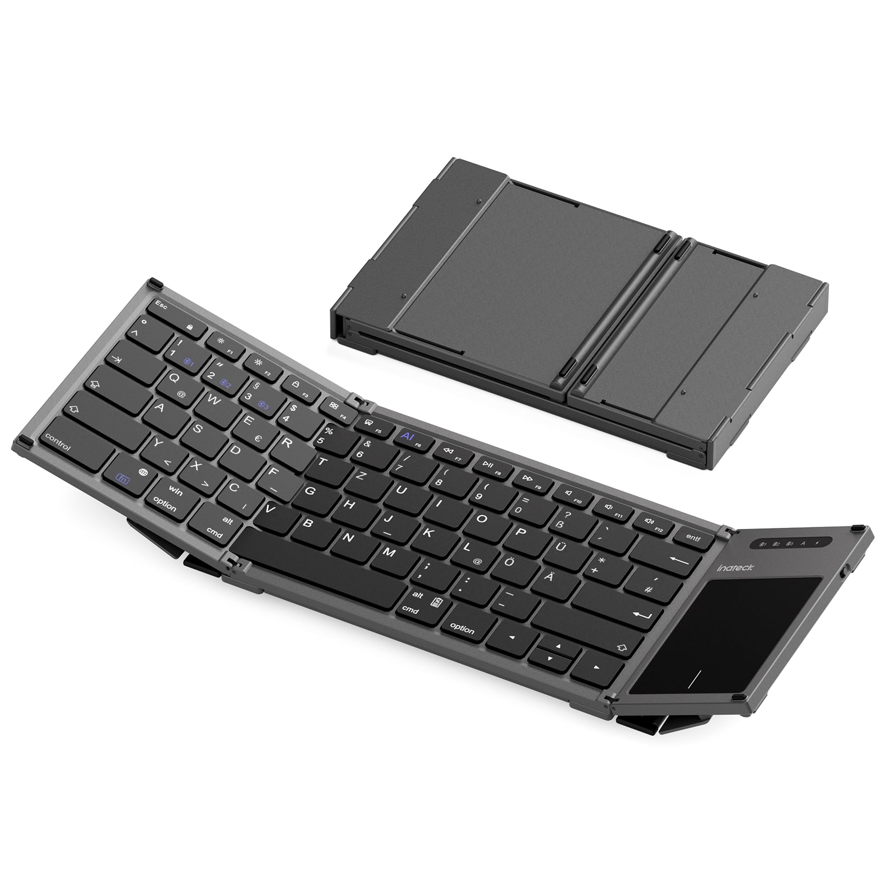 Inateck Faltbare Mini Tastatur, KI-Funktion mit Touchpad,3 Bluetooth-Kanälen, kompatibel mit iPadOS Android, Windows, QWERTZ, KB06101