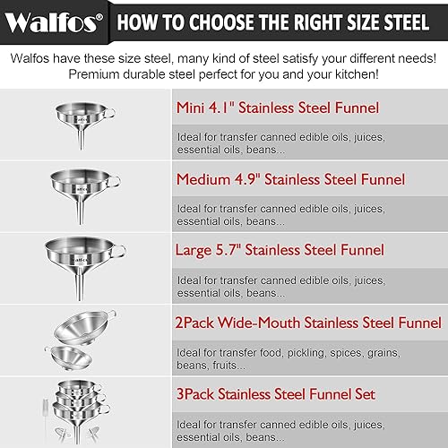 Miniatura 27 de walfos 4 embudos de plástico de cocina (sin BPA), embudo automotriz para transferencia de líquidos, embudos para llenado de botellas, recipientes