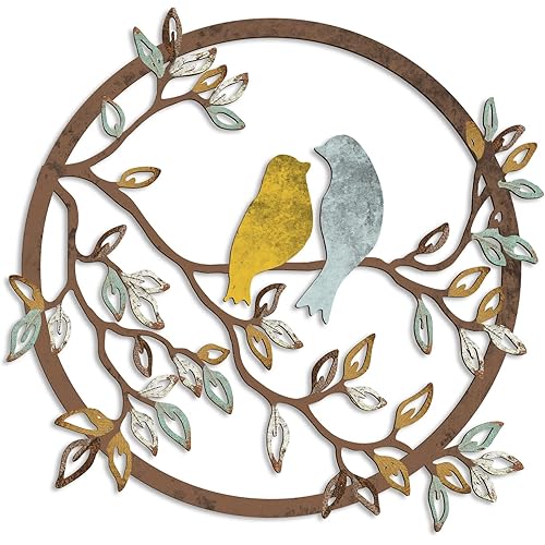Ferraycle Metal Wall Art Bird on Tree Branch Silhouette Bird Art Decor for Living Room Garden Bedroom Office Home Wall Housewarming Party Decor(Trendy Color)