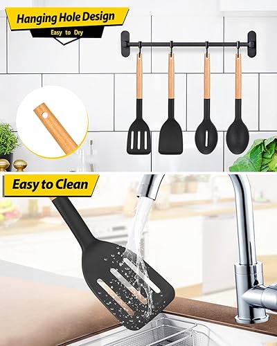 Miniatura 6 de Juego de 4 utensilios de cocina de silicona, espátulas sólidas antiadherentes y cucharas ranuradas resistentes al calor con mango de madera, juego