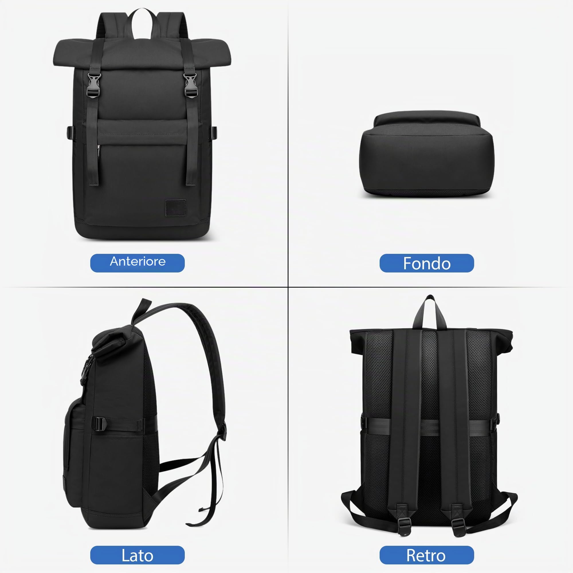 Zaino Elegante Grande per Uomo - 15.6 Pollici Computer Portatile con Cinghia Posteriore - Impermeabile per Ufficio, Viaggio, Campeggio, Lavoro, Escursionismo, Quotidiano - Nero