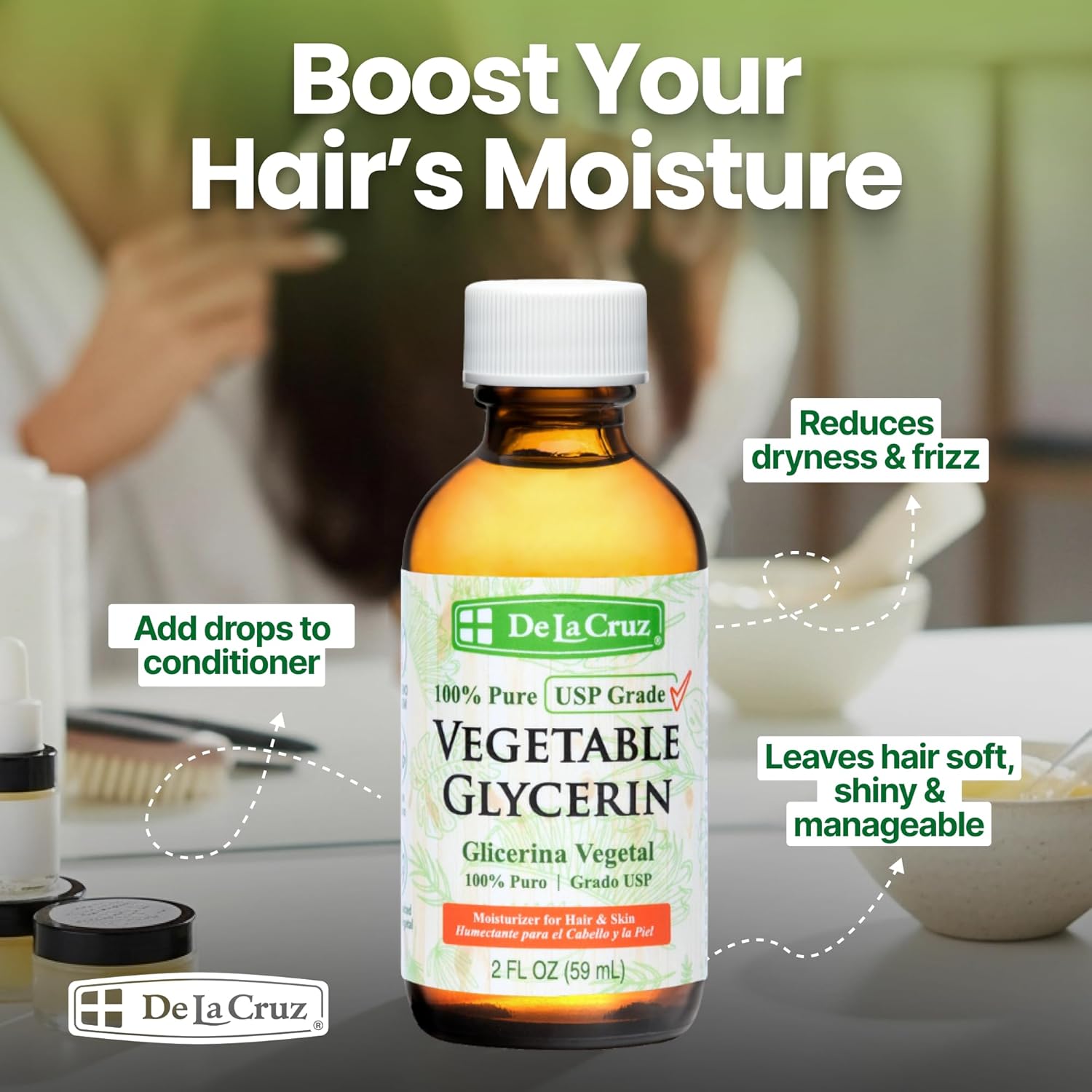 De La Cruz Vegetable Glycerin, 100% Pure Liquid Glycerine USP Grade for Hair, Skin and DIY Projects 2 FL. OZ. (6 Bottles)